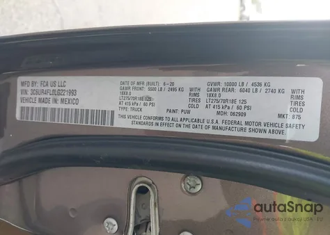 2020 Ram 2500 Laramie 4X2 6'4 Box z USA, uszkodzony, nr VIN 3C6UR4FL0LG221993